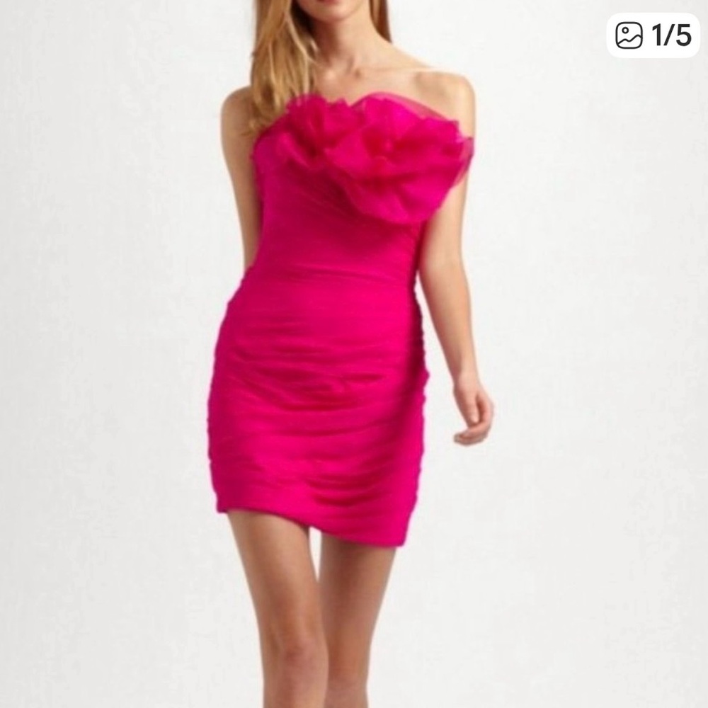 Marchesa Strapless Fuchsia silk mini cocktail Dress Sz S great condition